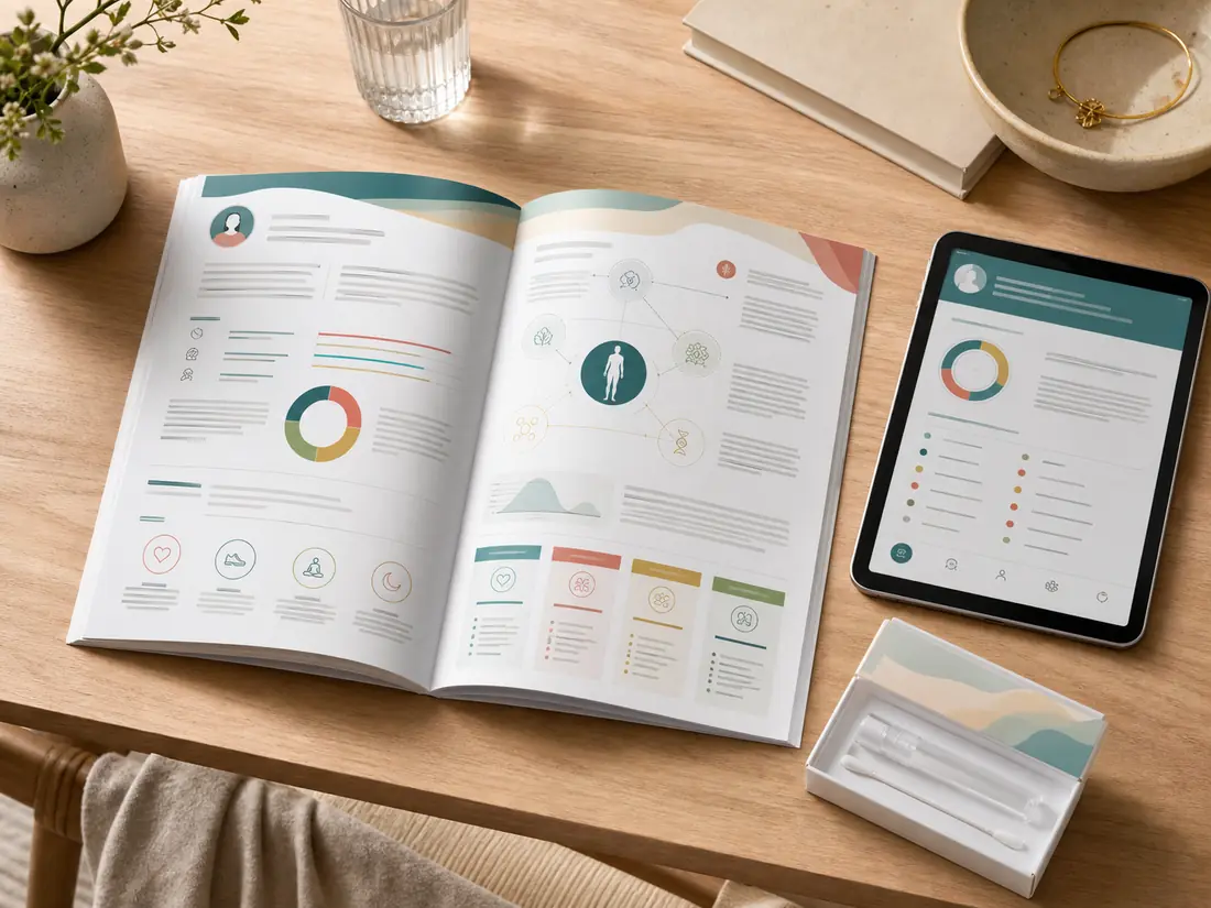 An open printed report with colour charts beside a tablet showing the same results.