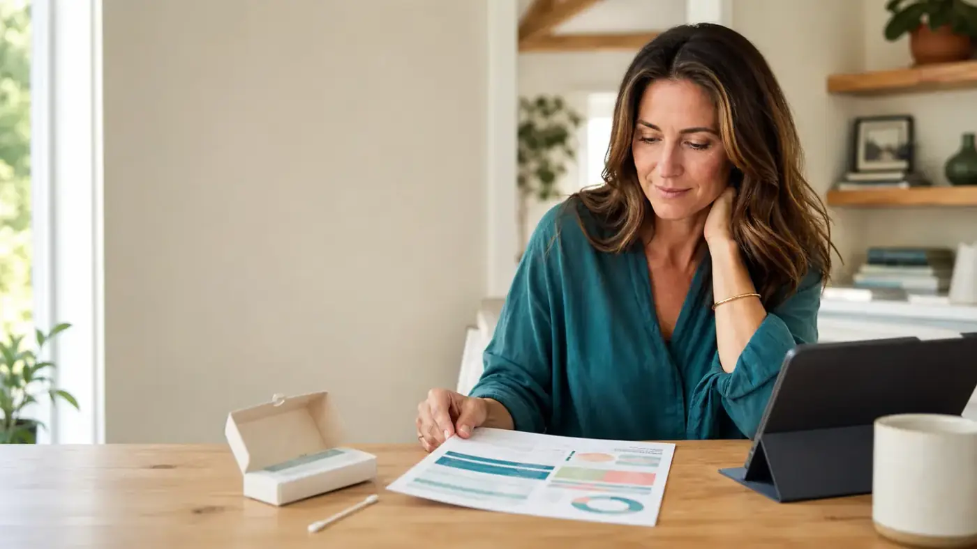 A woman at a dining table reading a printed genetic report beside an open test kit.
