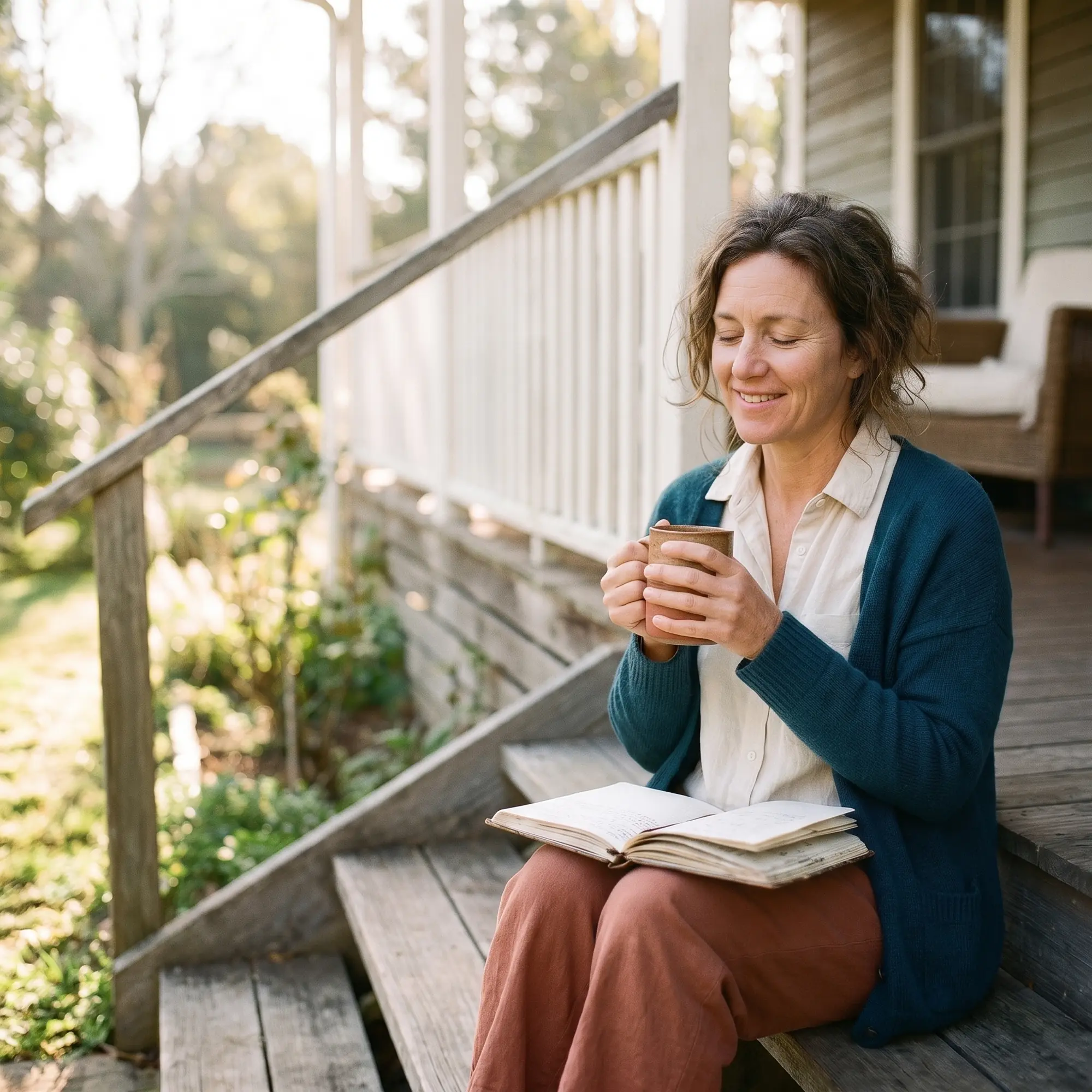 A woman sitting on her porch steps in morning light, smiling over a mug of coffee with a journal open on her lap.